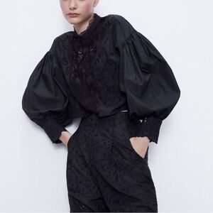 Zara Elegant Black Lace Embroidered Puffy Sleeve Top